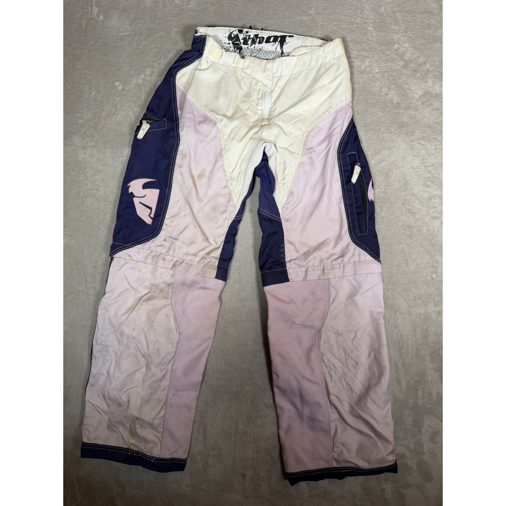 Vintage Thor Static Motocross Pants Women Size 7/18 White Navy Pink MX Dirt Bike